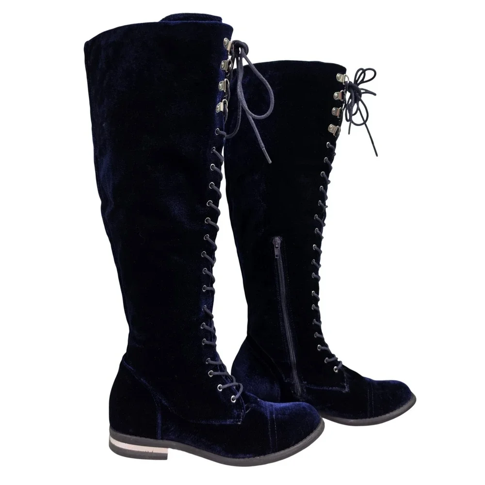 Steampunk Tall Boots Womens 7.5 Blue Jermesha Velvet Lace Up Side Zip Boots